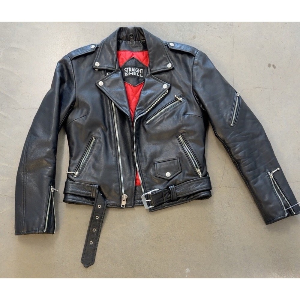 Straight To Hell Men's M Black Leather Motorcycle Jacket Moto Biker Punk Cyber